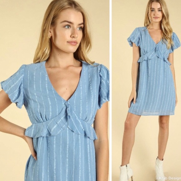 Pretty blue bubble sleeve v neck dress size small - Picture 3 of 8